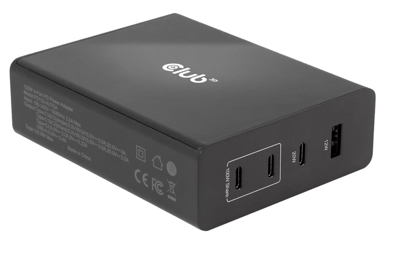 Club 3D, Ladegerät 132W GaN-Technologie 1x USB Typ A, 3x USB Typ C, PD