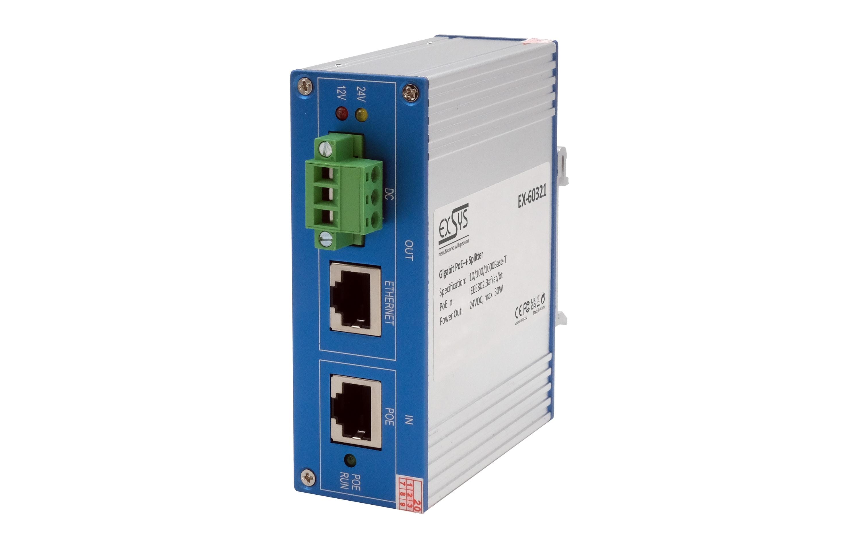 EXSYS EX-60321, Industrial PoE + Gigabit Splitter 24VDC/30W