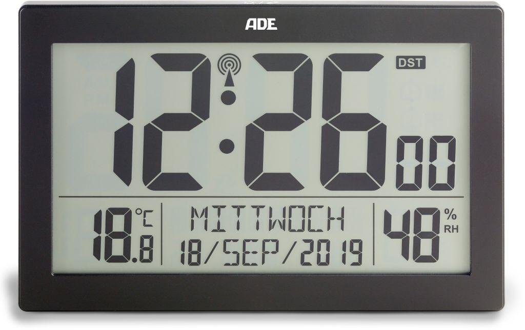 ADE Funk-Wanduhr XL, Hintergrundbeleuchtung 19.3x10.9 cm, hängen oder stellen, Alarm