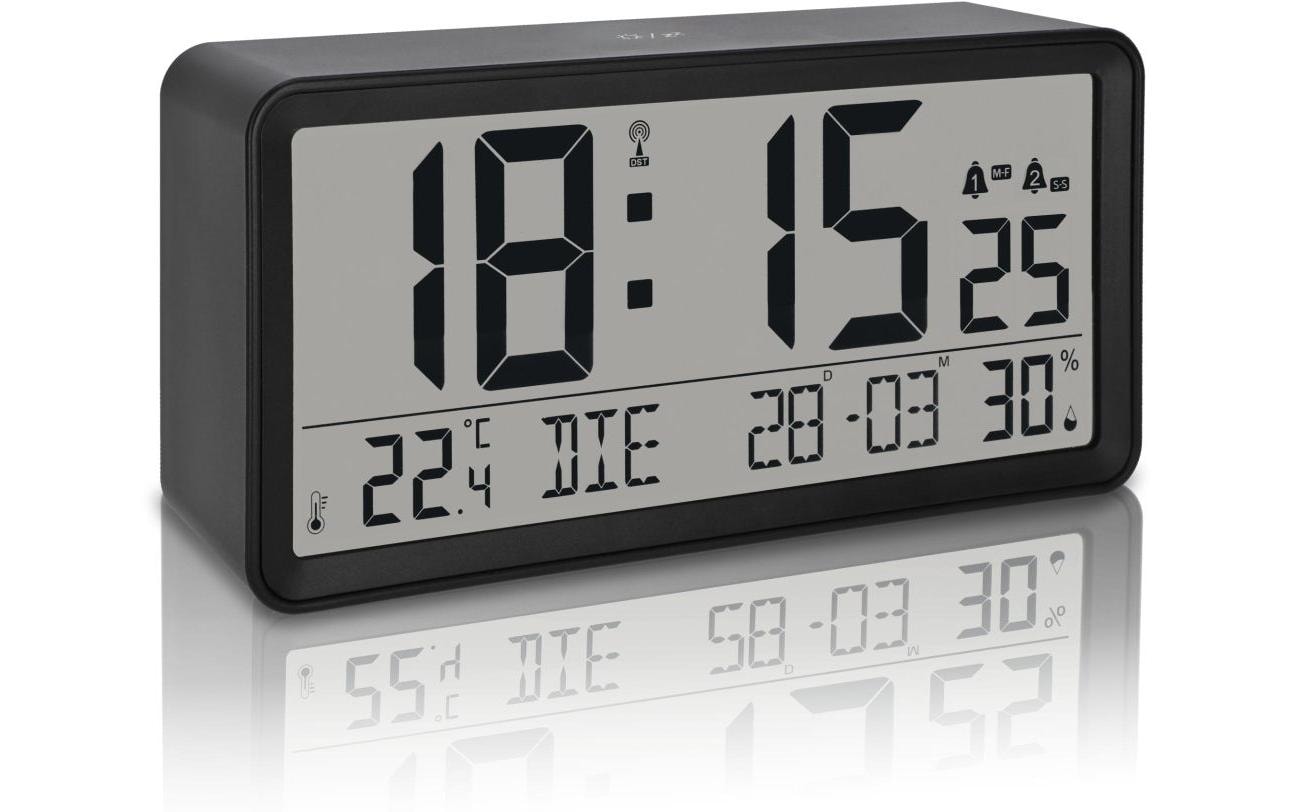 ADE Tisch oder Wanduhr, Schwarz Temp.,Kalender,Kunststoff, 18.8x48.5x1.7cm