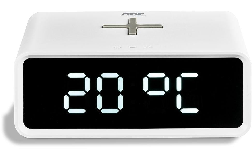 ADE digitaler Wecker mit Induktionsladung Weiss, Temperaturanzeige, 14.2x9.5x6 cm