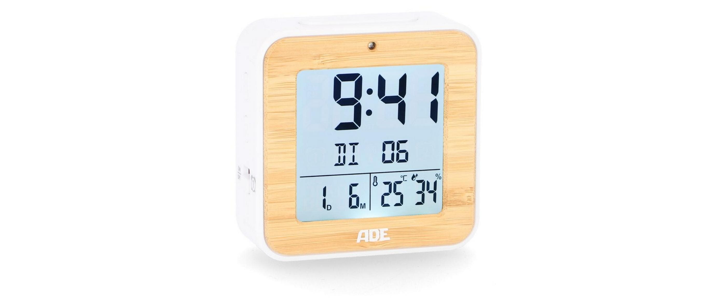 ADE Funkwecker, Temperatur-& Datumsanzeige Bambus-Weiss, Kalender, Schlummerfunktion
