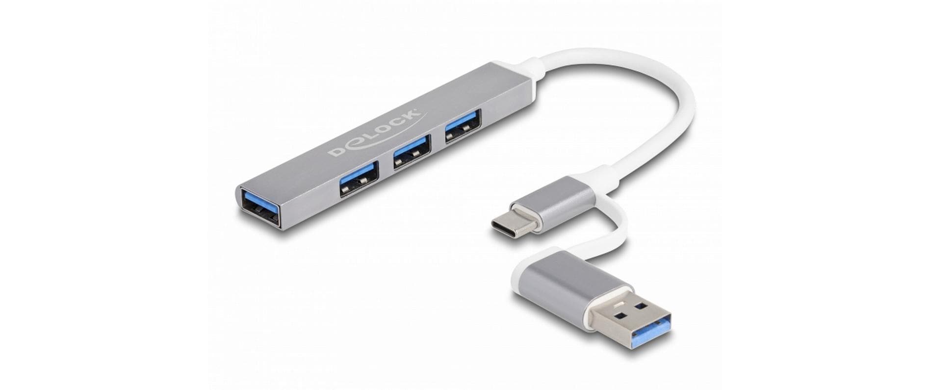 Delock 4 Ports Slim USB Hub, Type C, oder A zu 3x USB 2.0 Typ A Buchse + 1x USB 5 Gbps