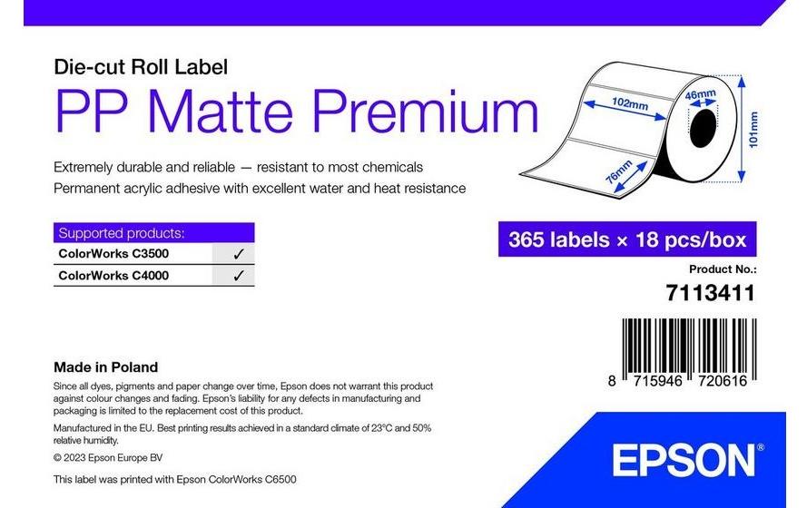 Epson C3400/C3500: PP Matte Label Premium 102x76 ,365 Labels / Roll