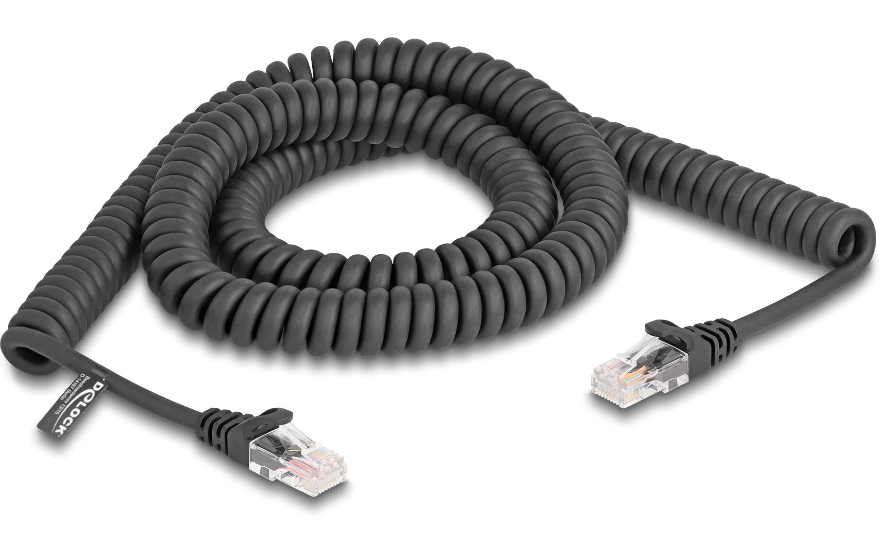 Delock RJ45 Spiralkabel Cat.5e Stecker zu Stecker, 3m, schwarz