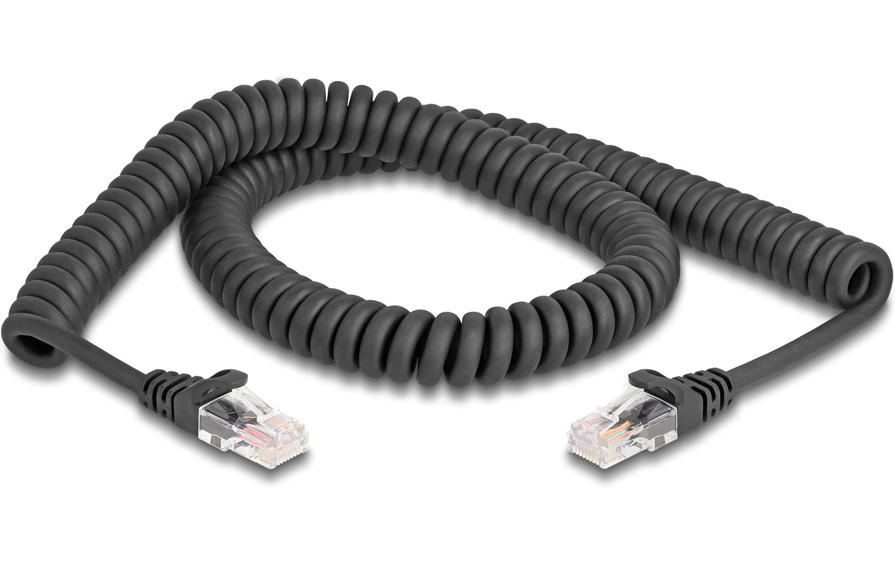 Delock RJ45 Spiralkabel Cat.5e Stecker zu Stecker, 2m, schwarz