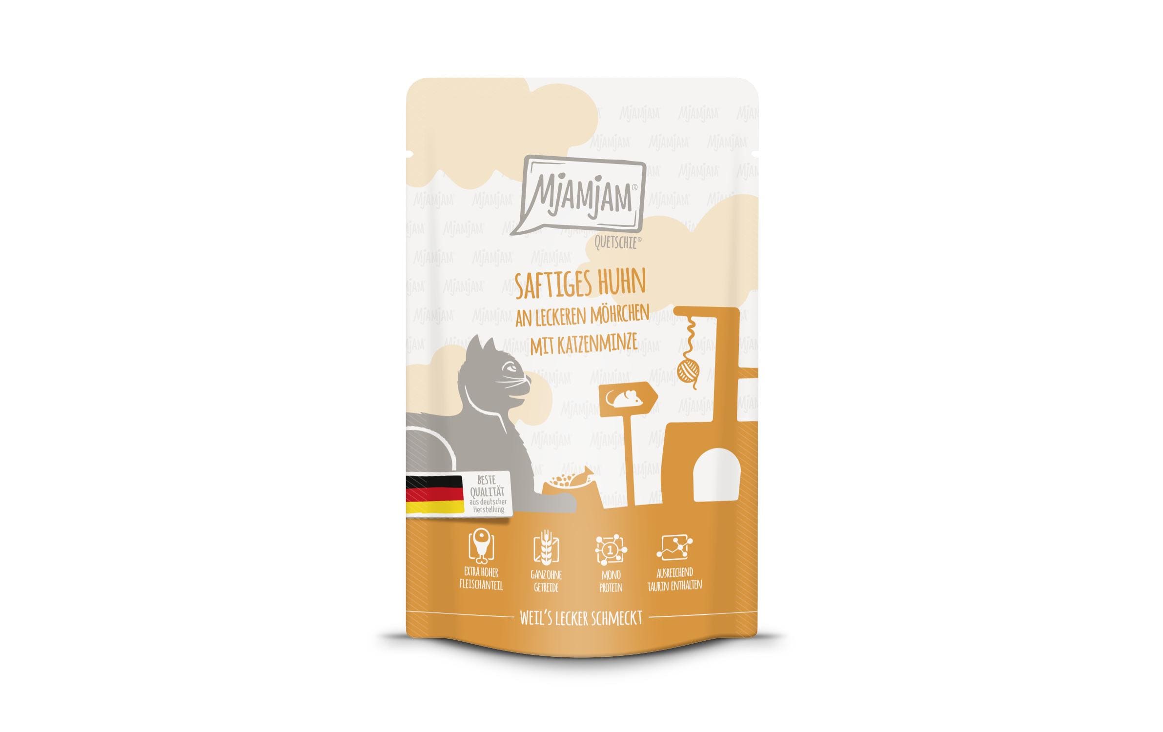 Mjamjam Cat Quetschie leckere Mahlzeit 125g Huhn & Möhrchen