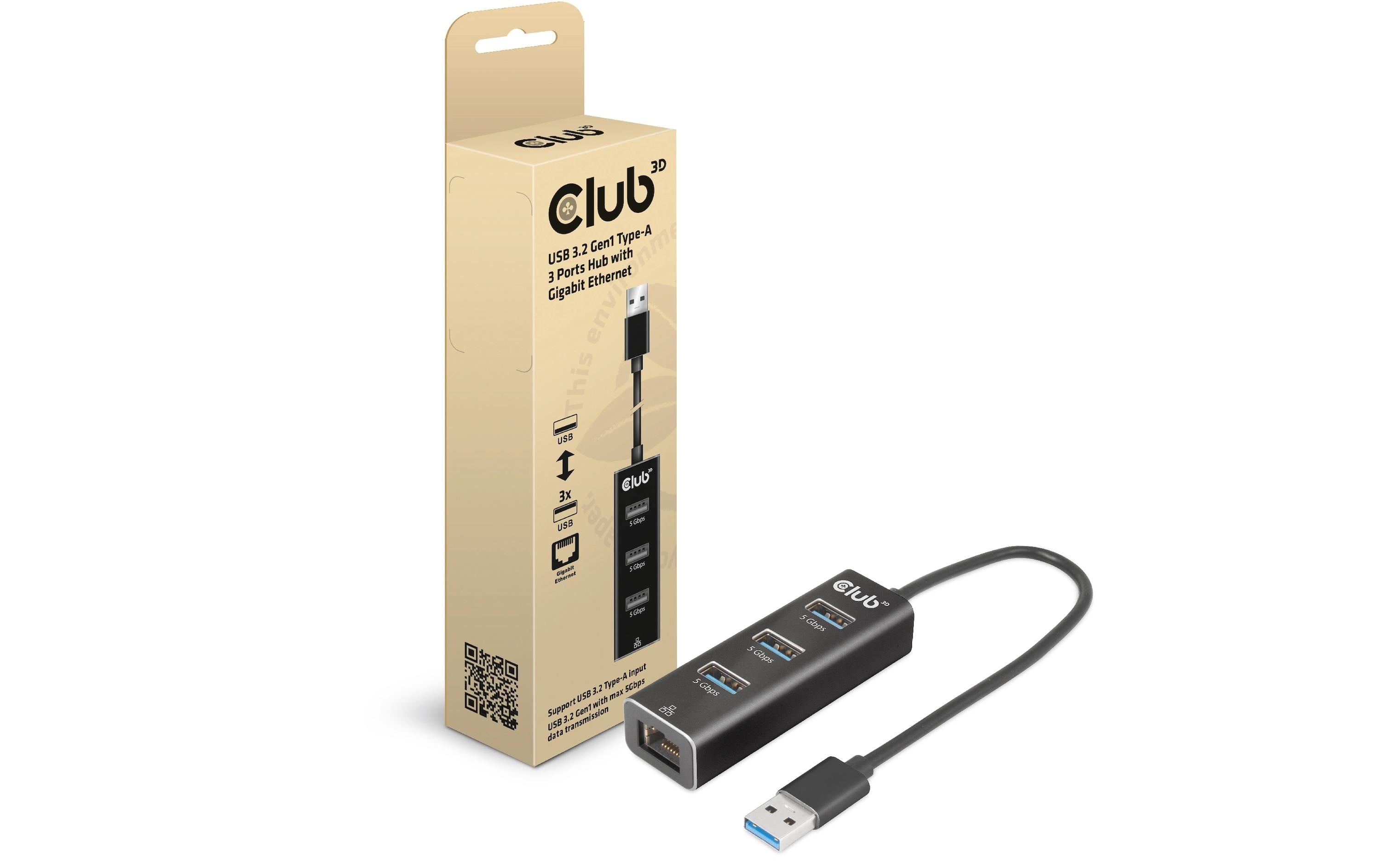 Club 3D, USB 3.2 Gen1 Typ-A 3x USB Typ-A Buchse, 1x RJ45 Ethernet