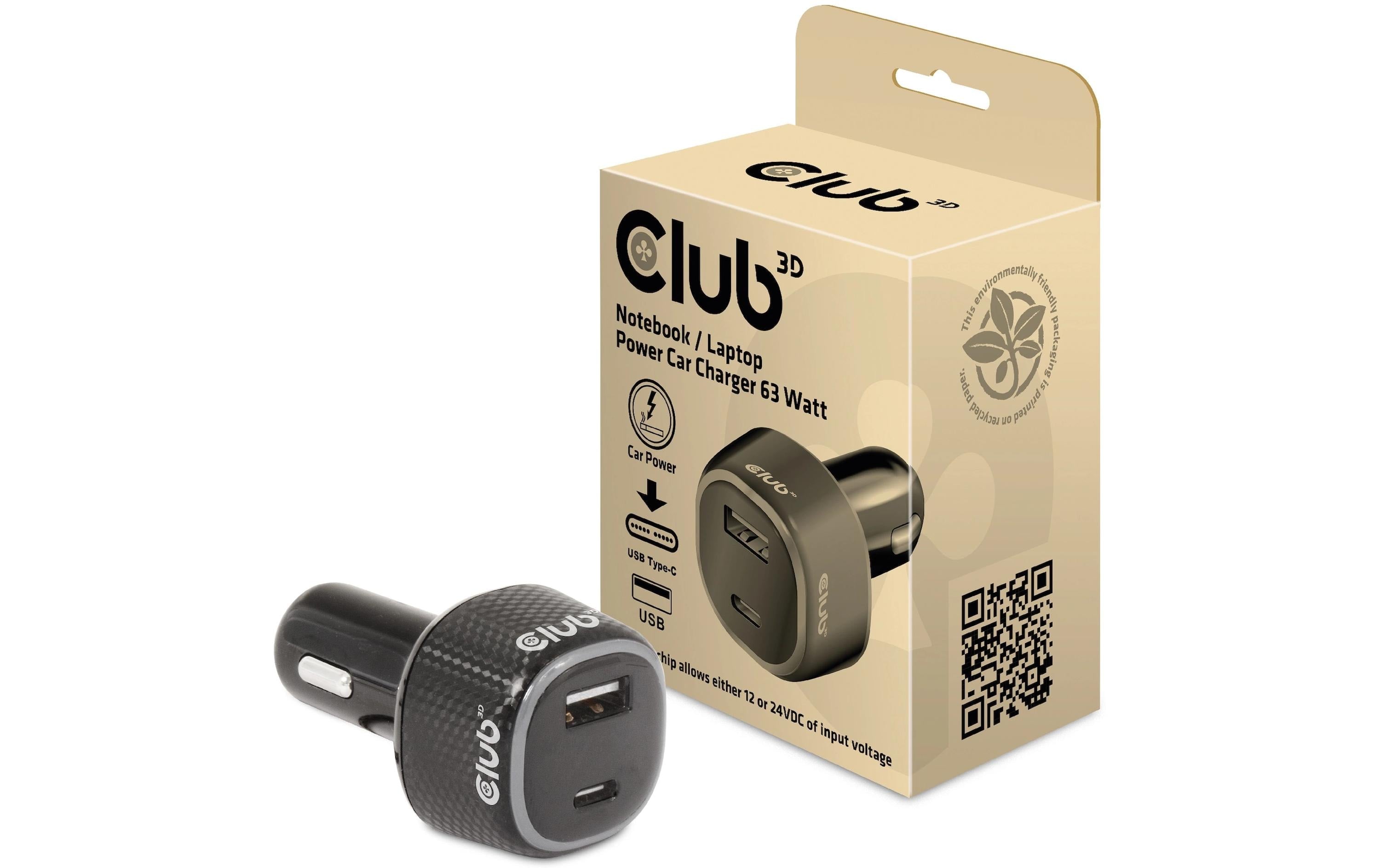 Club 3D, KFZ-Ladegerät 63W 1x USB Typ-A Buchse, 1x USB Typ-C Buchse