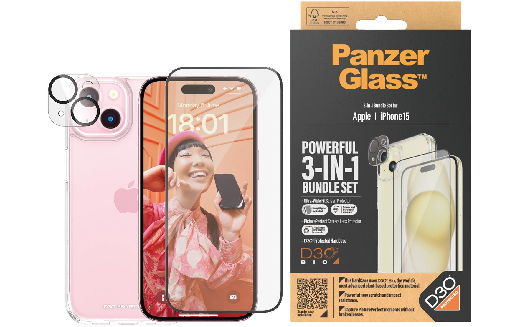 CARE 3-in-1 - Glas (S), Case, Hoops iPhone 15
