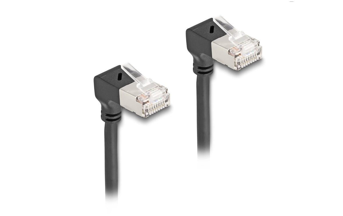 Delock Netzwerkkabel RJ45 Cat.6A S/FTP 90Grad nach unten gewinkelt, 1m, schwarz