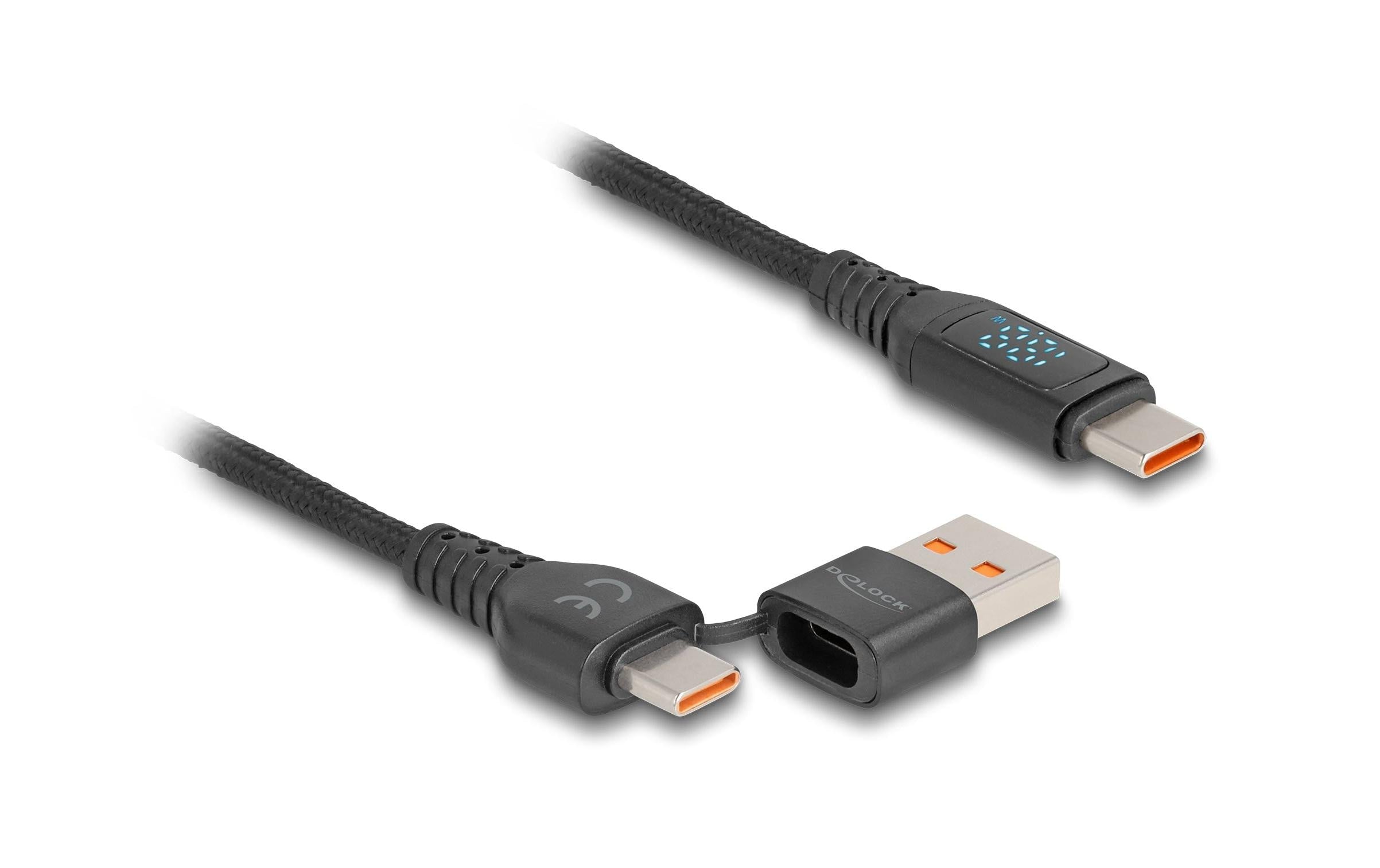 Delock USB2.0 Schnelladekabel USB-C/A/C Stecker/Stecker, 1.20m, 140W mit Anzeige