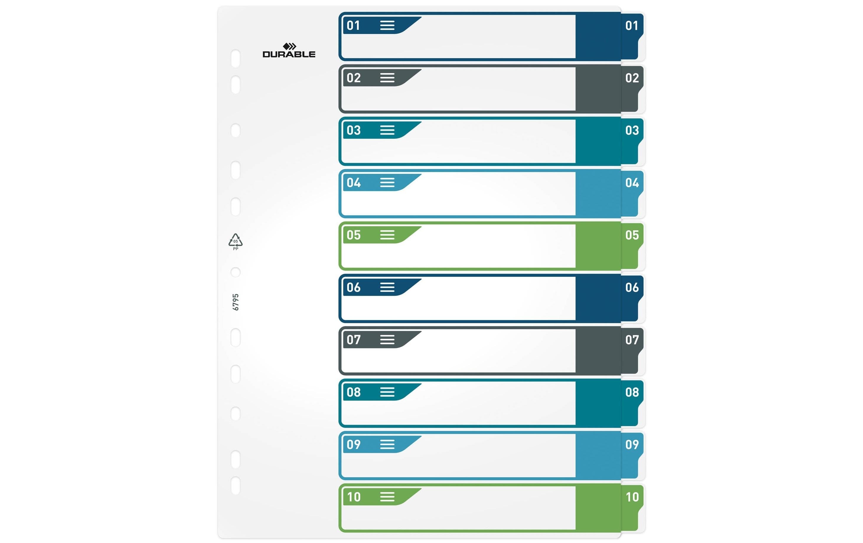 Durable Register PP 1-10, 5-farbig A4, mit bedruckbarem Deckblatt und Taben