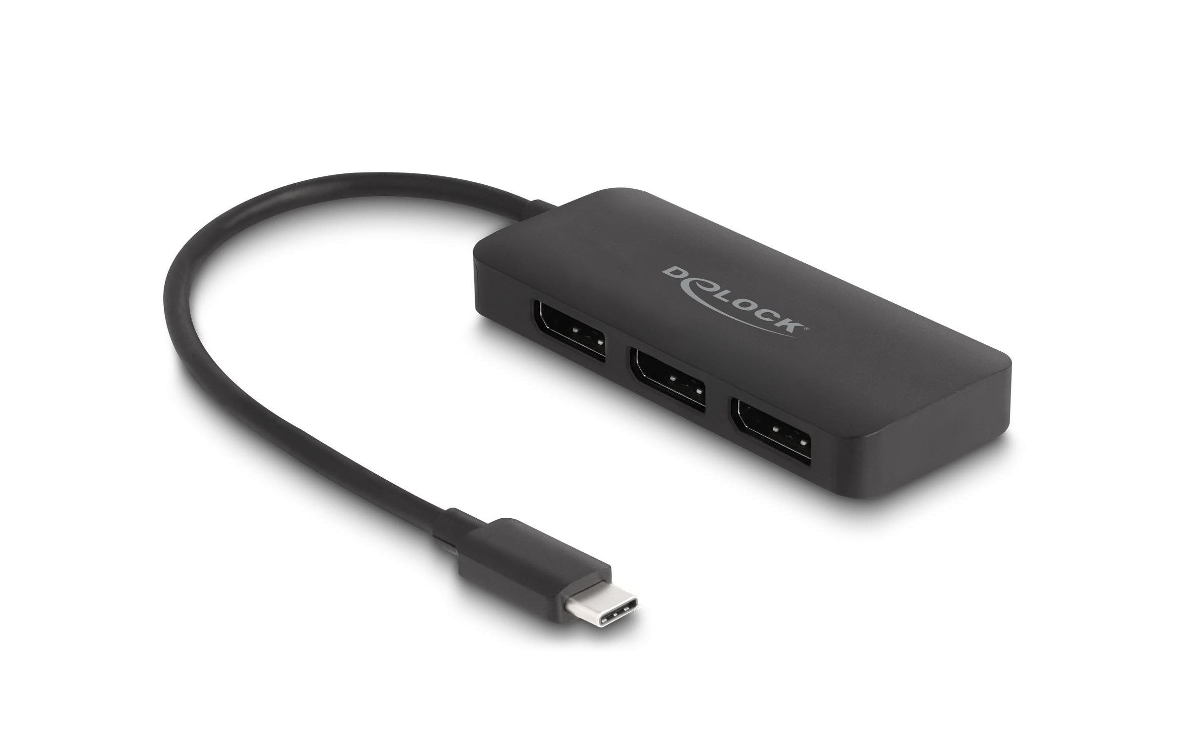 Delock USB-C Splitter zu 3x Display Port 4K bis 30Hz, schwarz, DP Alt Mode, MST