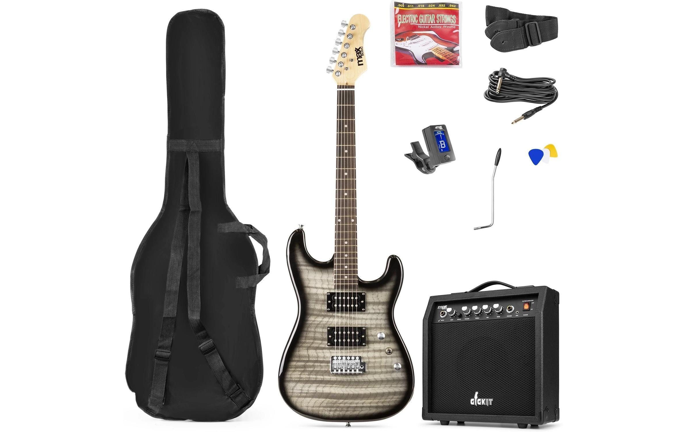MAX GigKitQBL E-Gitarrenset, Quilted-Style, schwarz