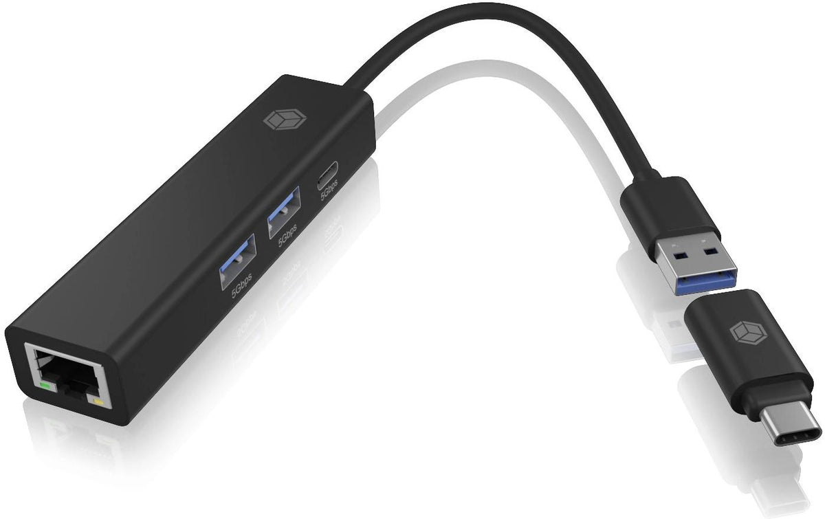 ICY BOX IB-HUB1439-LAN, 3x USB, 1x LAN Anschluss zum PC USB Type-C und Type-A