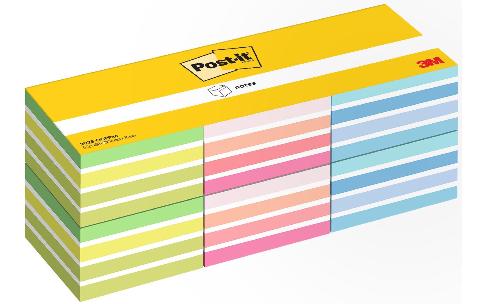 3M Post-it, Haftnotizen, 76 x 76 mm 6 Blöcke à 450 Blatt, verschiedene Farben