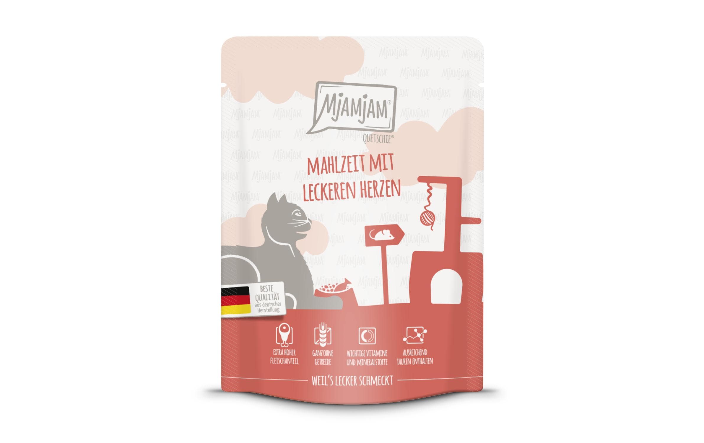 Mjamjam Cat Quetschie leckere Mahlzeit 300g Mahlzeit mit Herzen