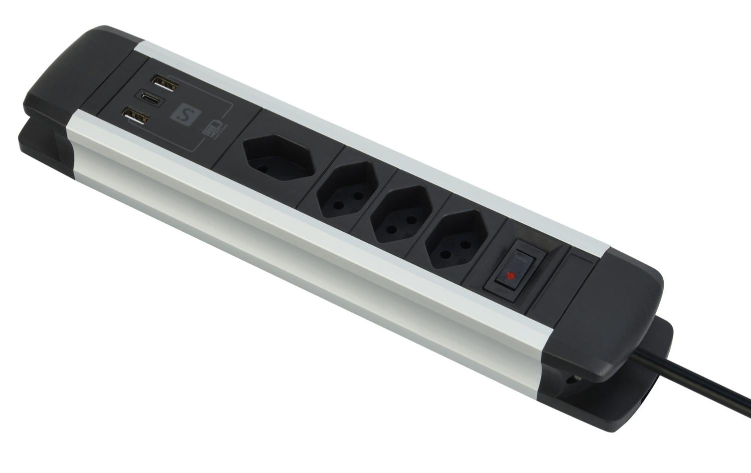 Schönenberger ALU Steckdosenleiste 4xT13, 2xUSB A 1xUSB C mit Schalter, 2ml