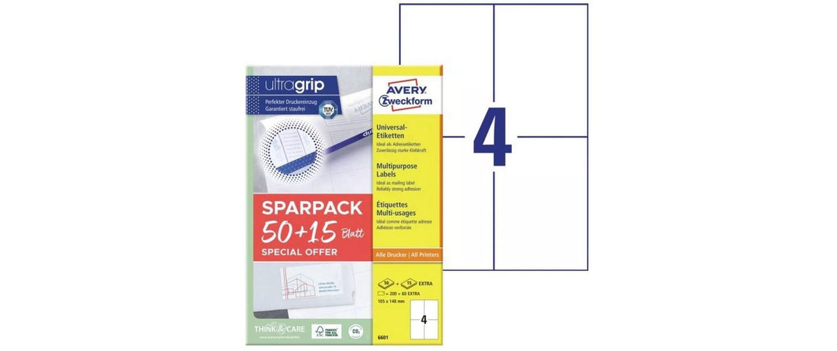 AZ Universaletiketten 105x148mm, Sparpaket weiss, 50+15 Blatt, 260 Stück
