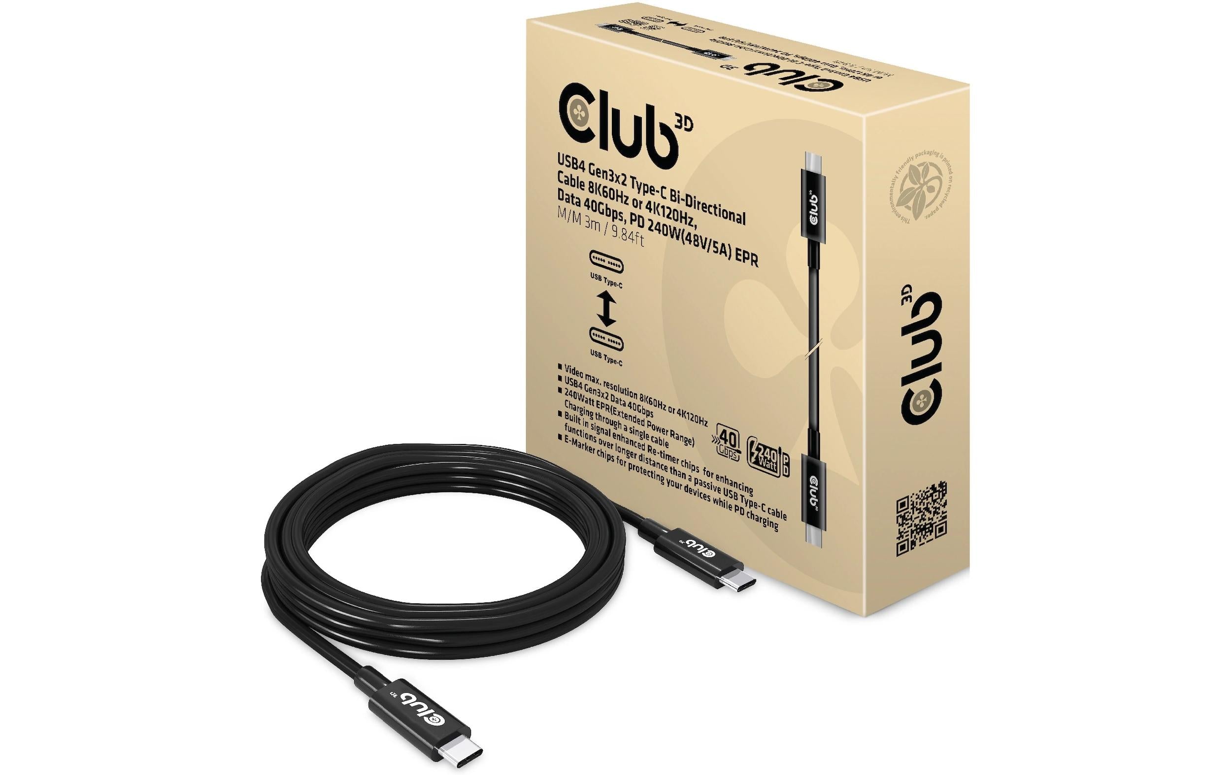 Club 3D, USB4 Gen3x2 Typ-C 8K60Hz Kabel, 3.0 Meter, 40Gbps, PD 240W