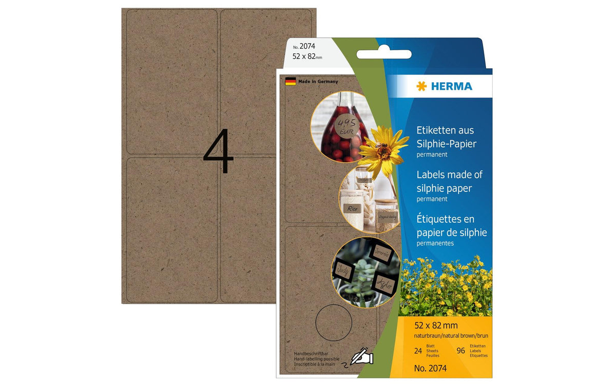 Herma Etiketten aus Silphie Papier, braun 96 Etiketten, A4, 24 Blatt, 52x82