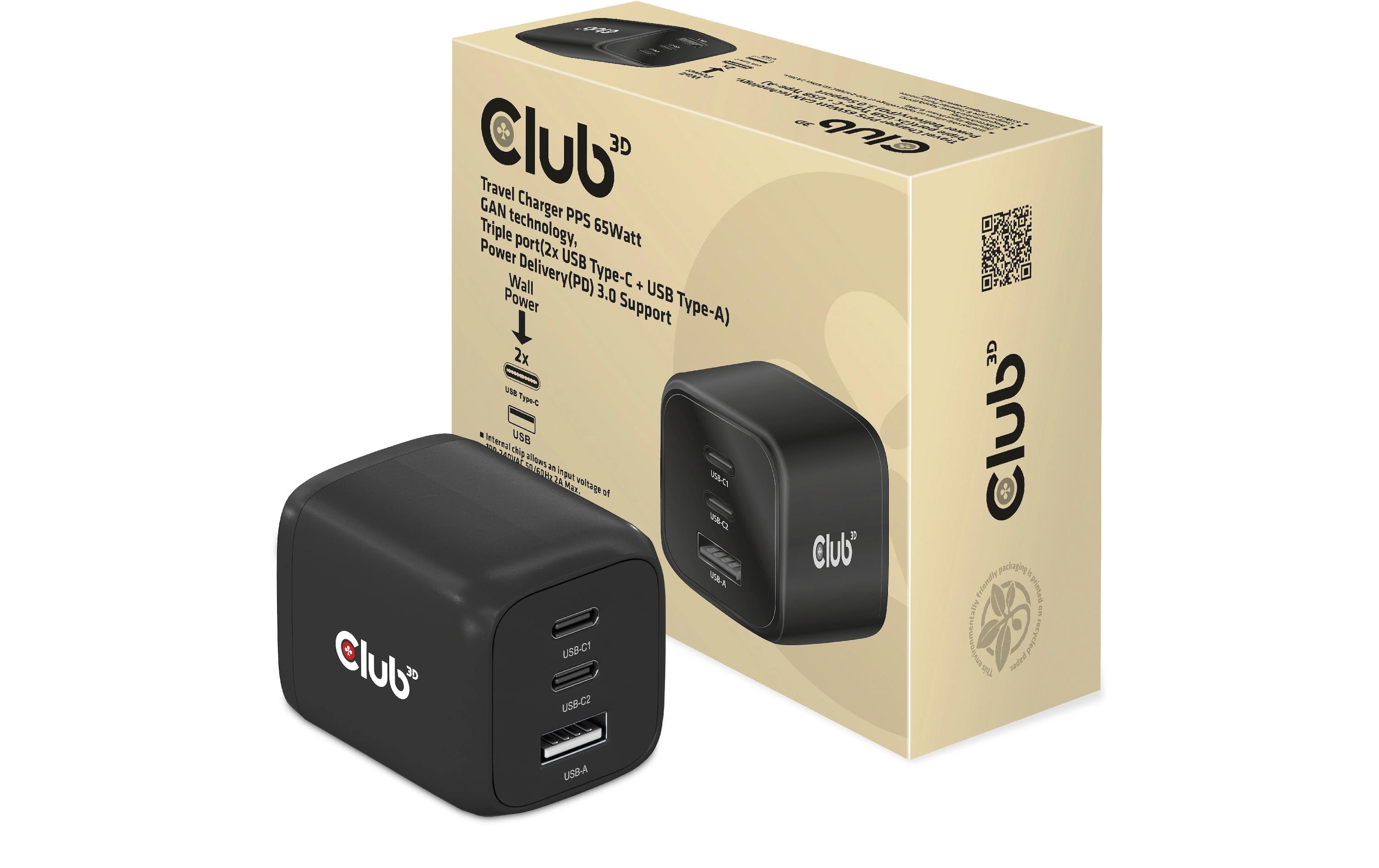 Club 3D, Reiseladegerät PPS 65Watt GAN 2x USB Typ C, 1x USB Typ A, PD