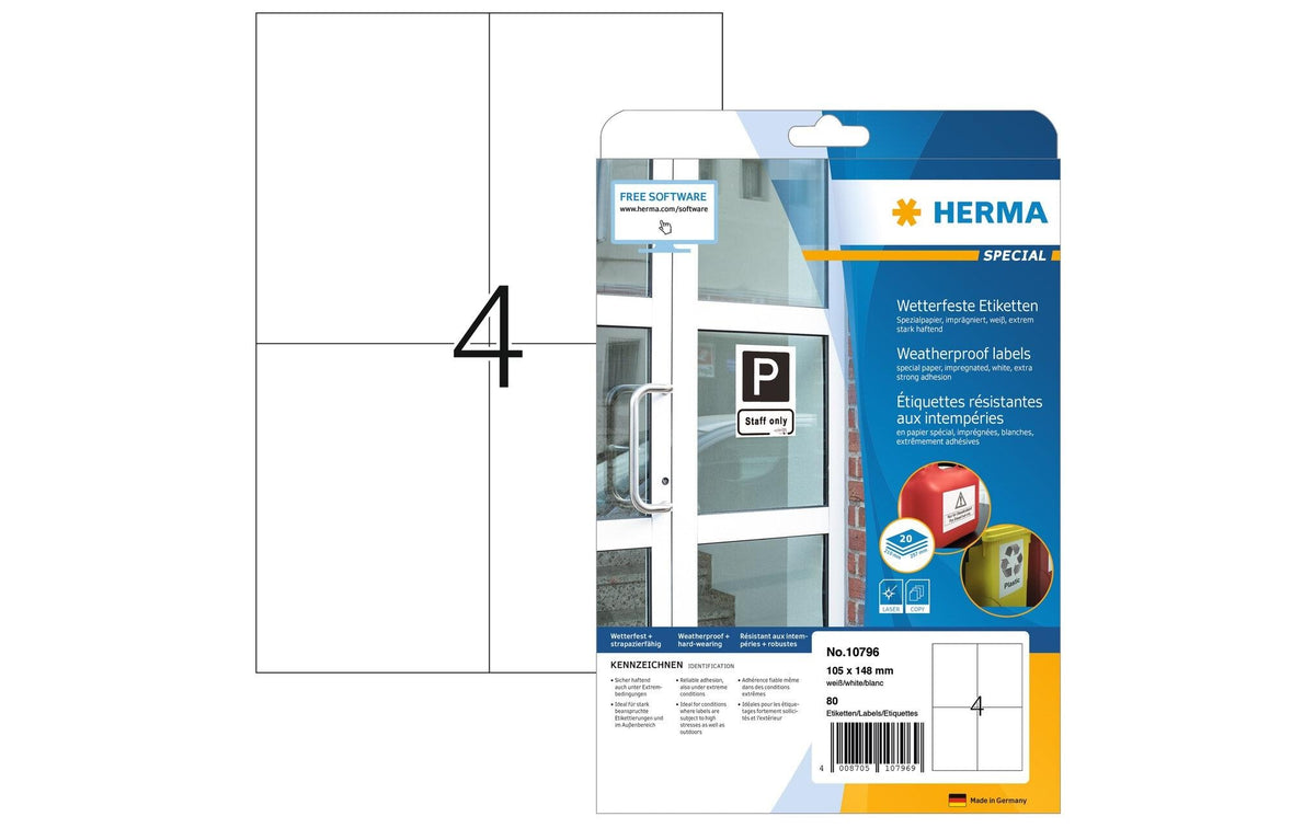 Herma Etiketten wetterfest, weiss 80 Etiketten, A4, 20 Blatt, 105x148mm