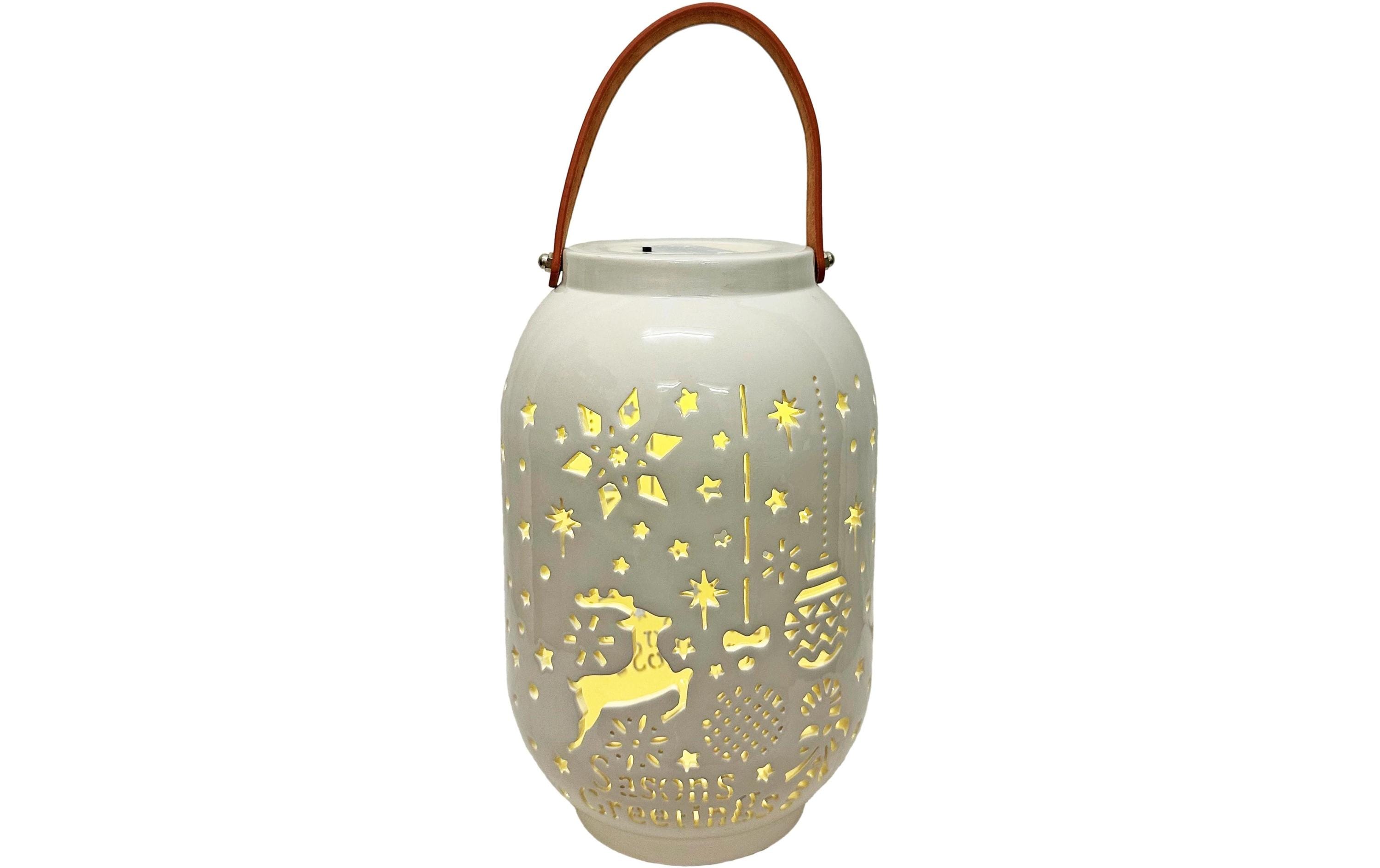Dameco LED Laterne Keramik 18x28cm weiss 4 LED ww, inkl. Timer 6/18h, exkl. 2xAA