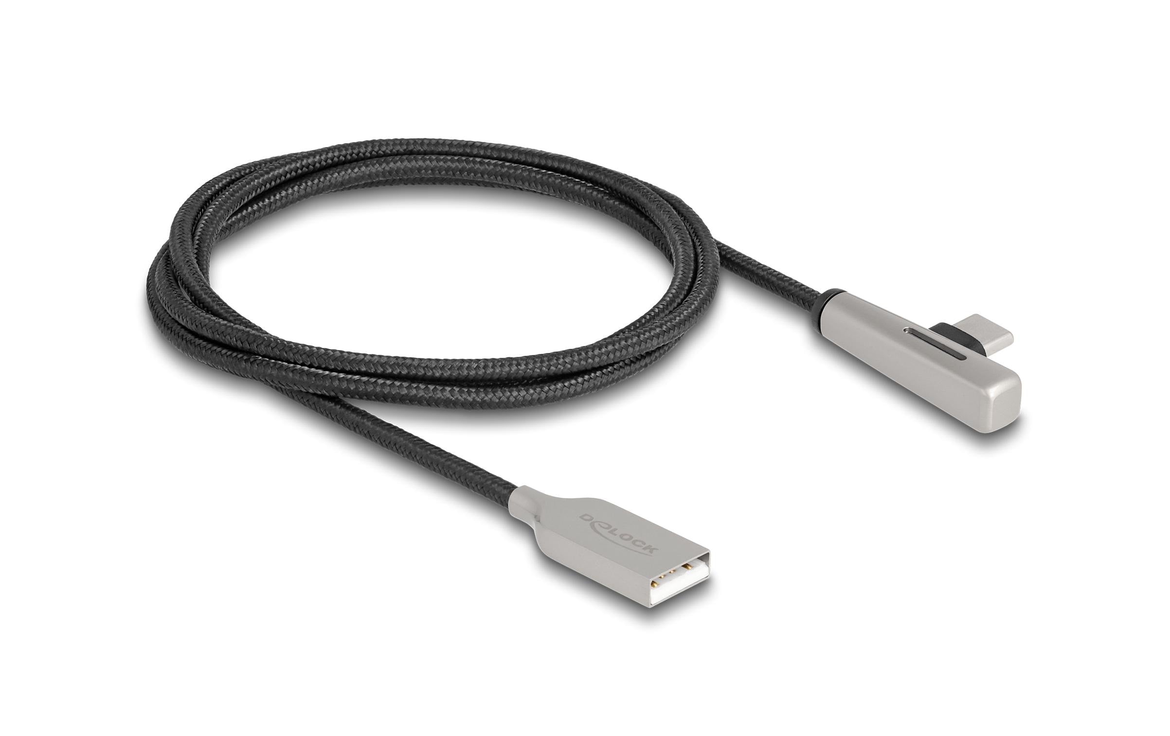 Delock USB 2.0 Type-A zu Type-C gewinkelt Stecker-Stecker, 60W, 1m, LED, transparent