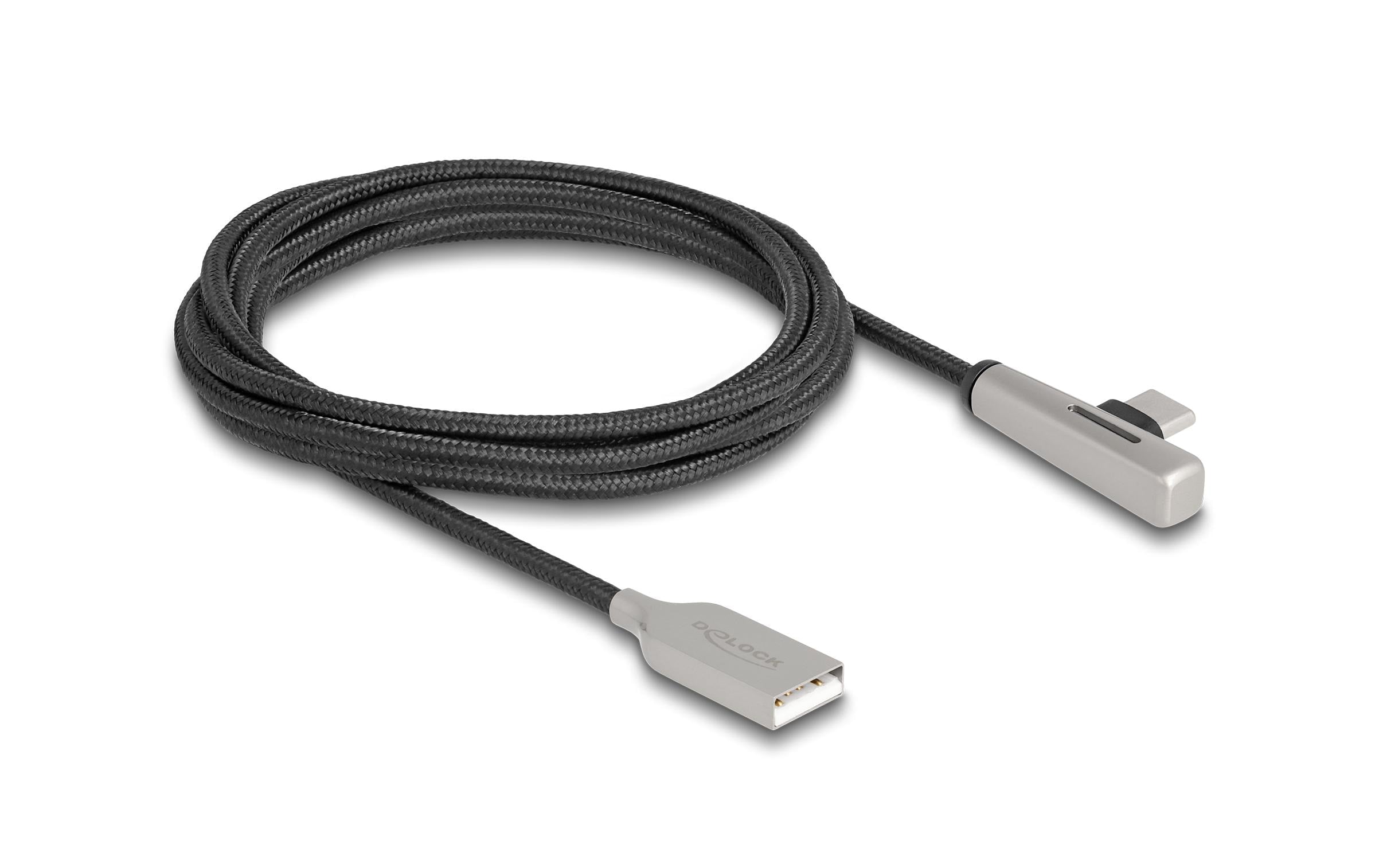 Delock USB 2.0 Type-A zu Type-C gewinkelt Stecker-Stecker, 60W, 2m, LED, transparent