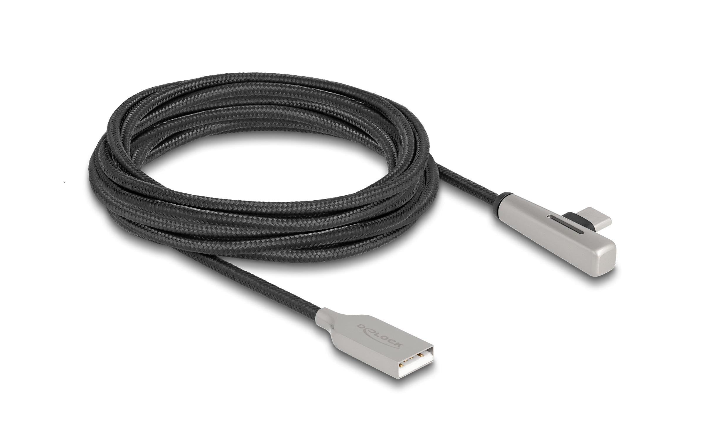 Delock USB 2.0 Type-A zu Type-C gewinkelt Stecker-Stecker, 60W, 3m, LED, transparent