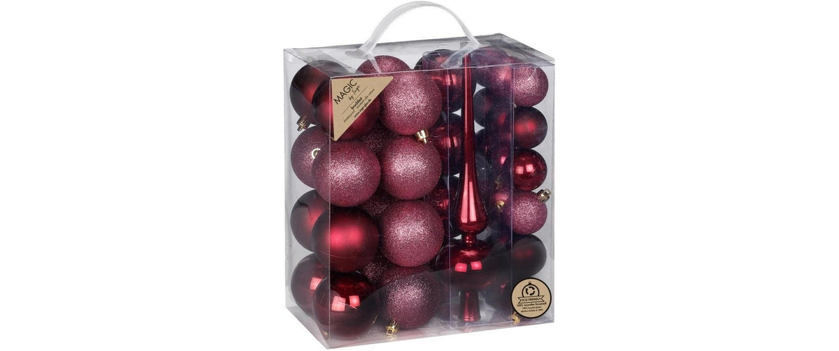 Inge WeihnachtskugelBordeauxRed mitSpitze 39 Stück, Kugeln D: 4und 6 cm, Kunststoff