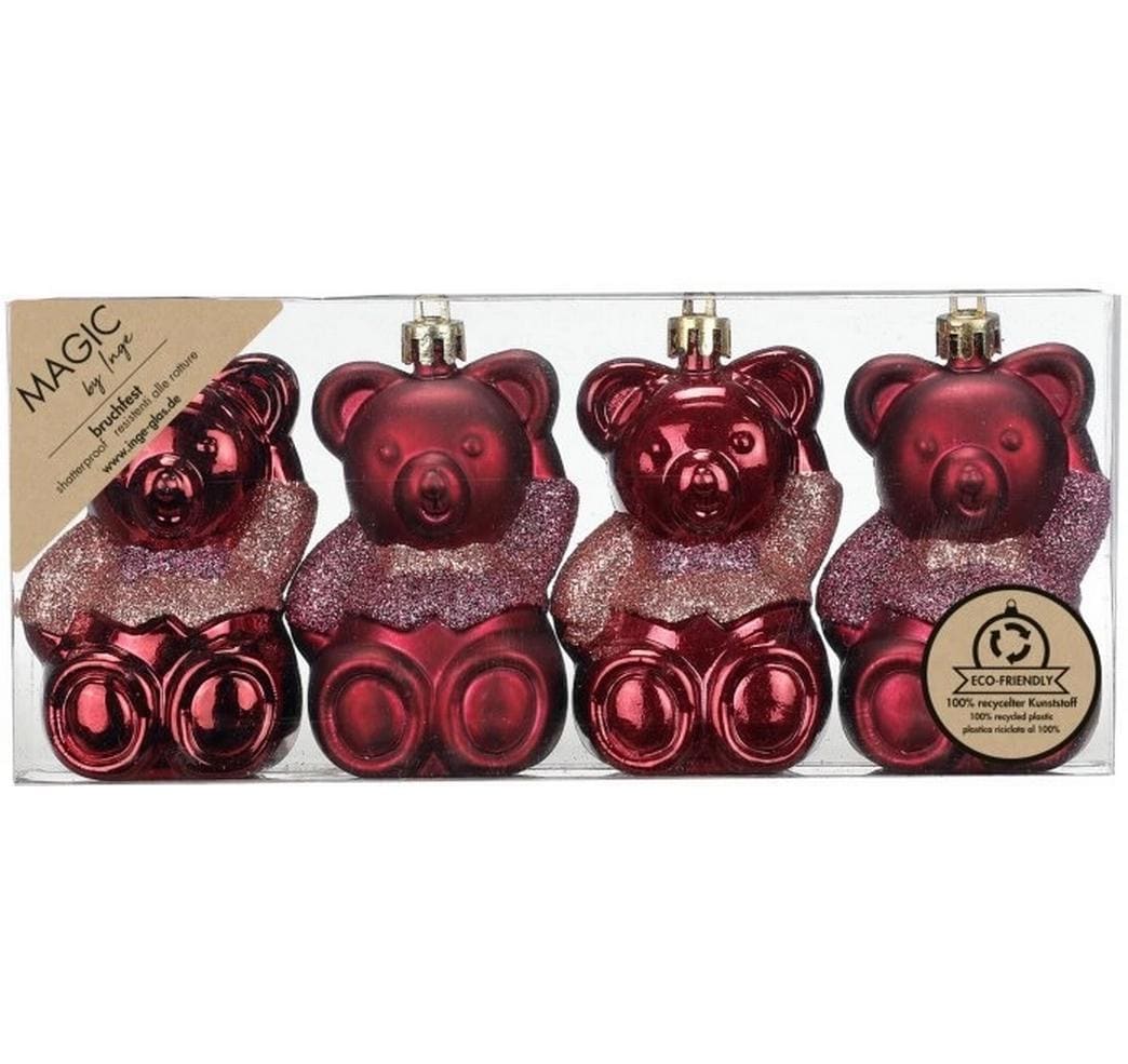 Inge Weihnachtskugel Bordeaux Red Teddybär 4 Stück, Kunststoff, 8 cm