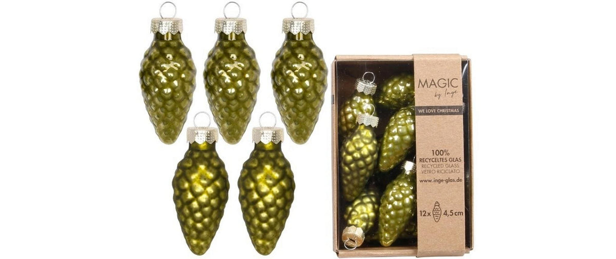 Inge Weihnachtskugel Green Olives Zapfen 12 Stück, Glas 4.5 cm