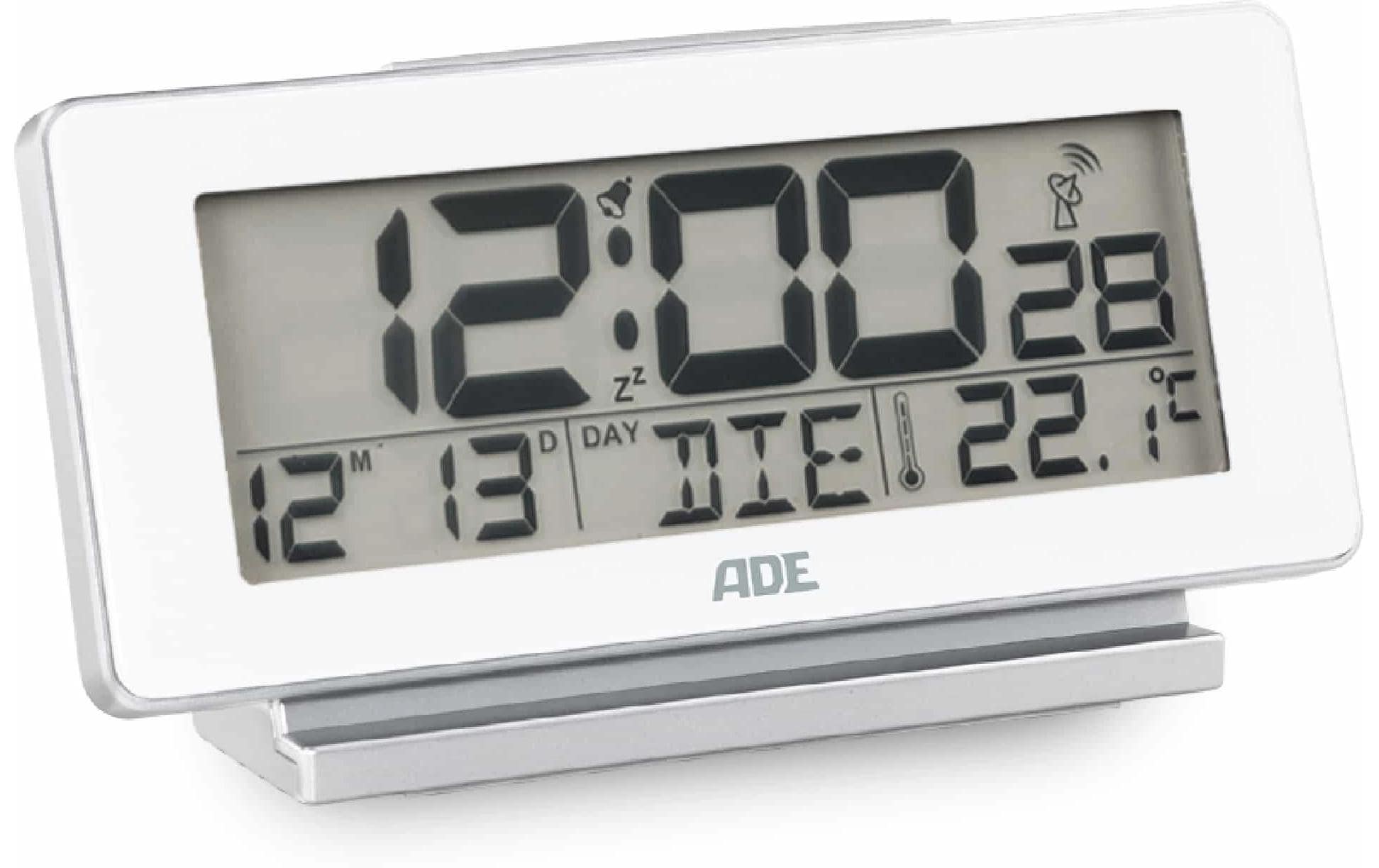 ADE digitaler Funkwecker,Temp-& Datumsanzei Weiss, 8x3.3x8 cm, Snoozefunktion