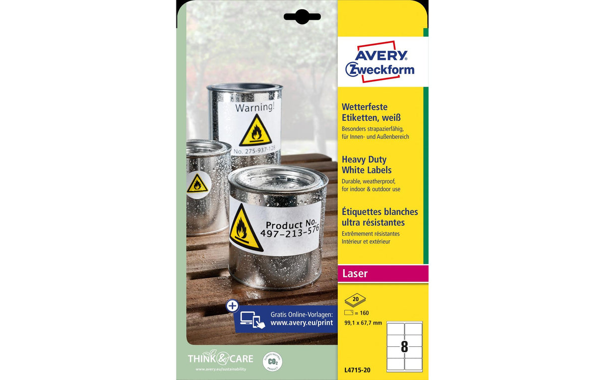 Avery Zweckform Etiketten wetterfest 99.1x67.7mm, 20 Bogen / 160 Etiketten