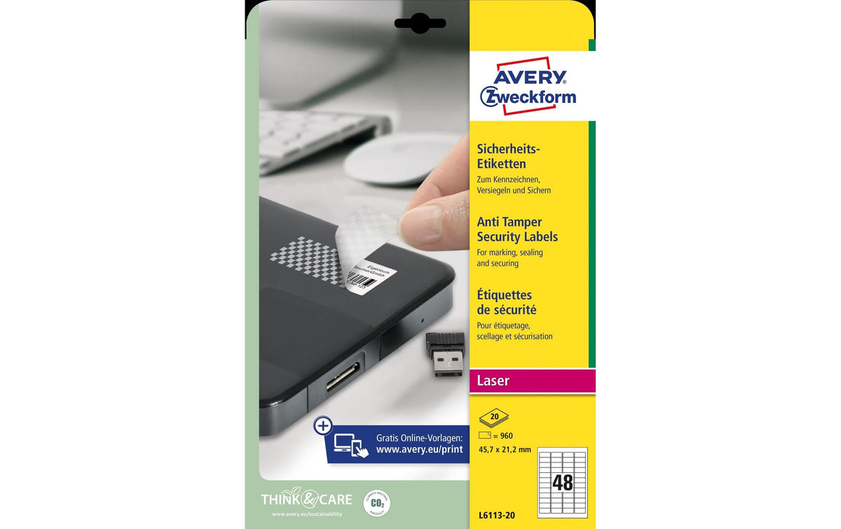 Avery Sicherheits-Etiketten L6113-20 manipulationssicher, 20 Bogen/960 Etiketten