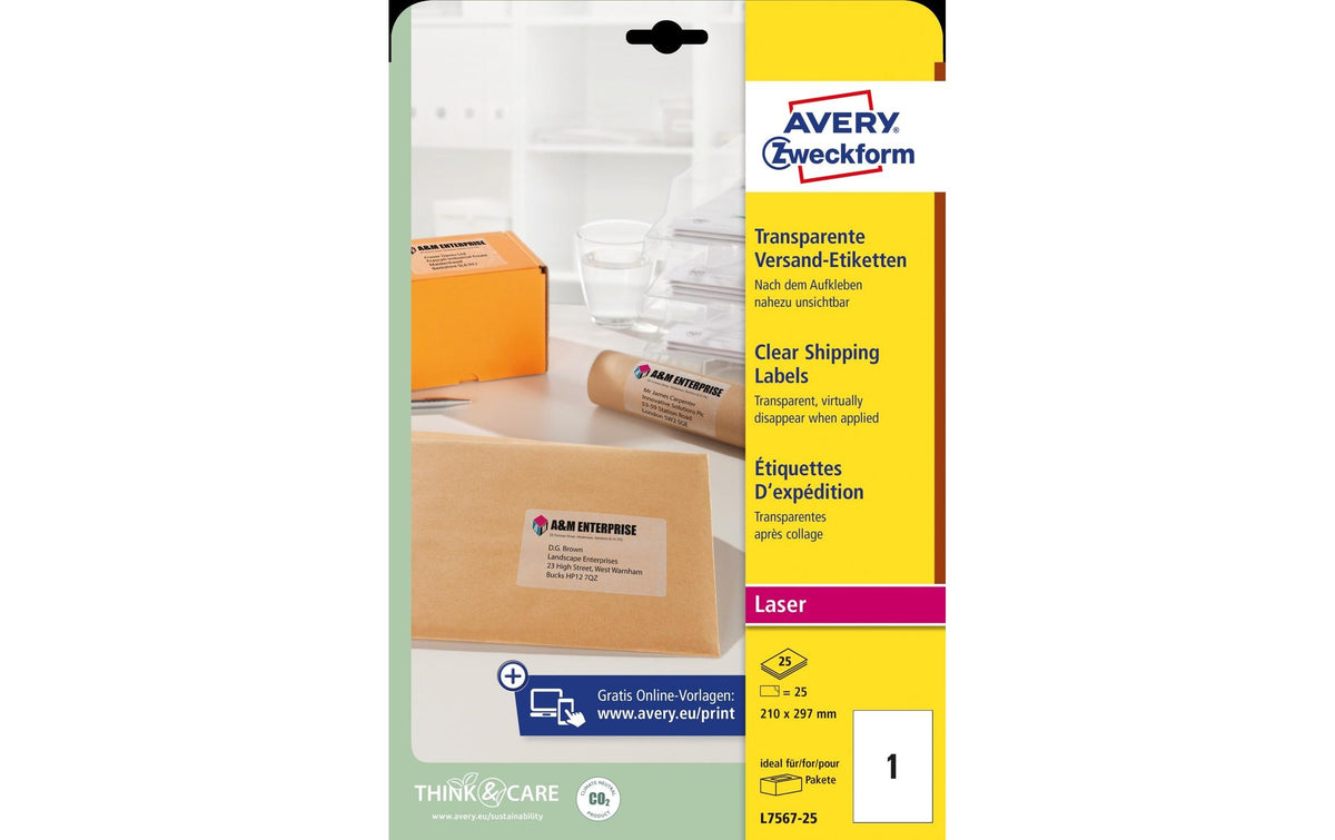 Avery Adress Etiketten transparent L7567 210 x 297 mm, 25 Bogen pro Packung
