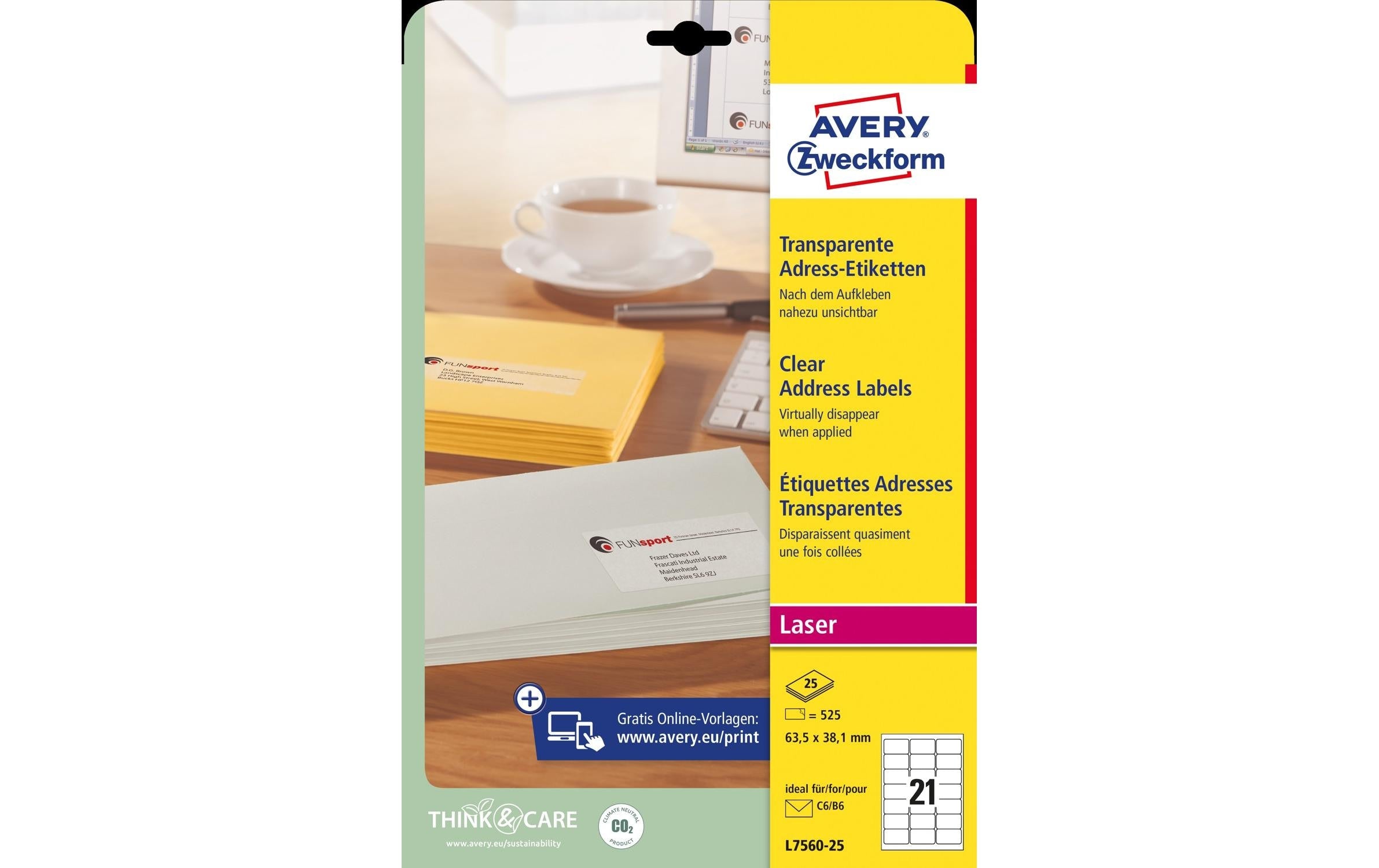 Avery Adress Etiketten transparent L7560 63,5 x 38,1 mm, 25 Bogen pro Packung