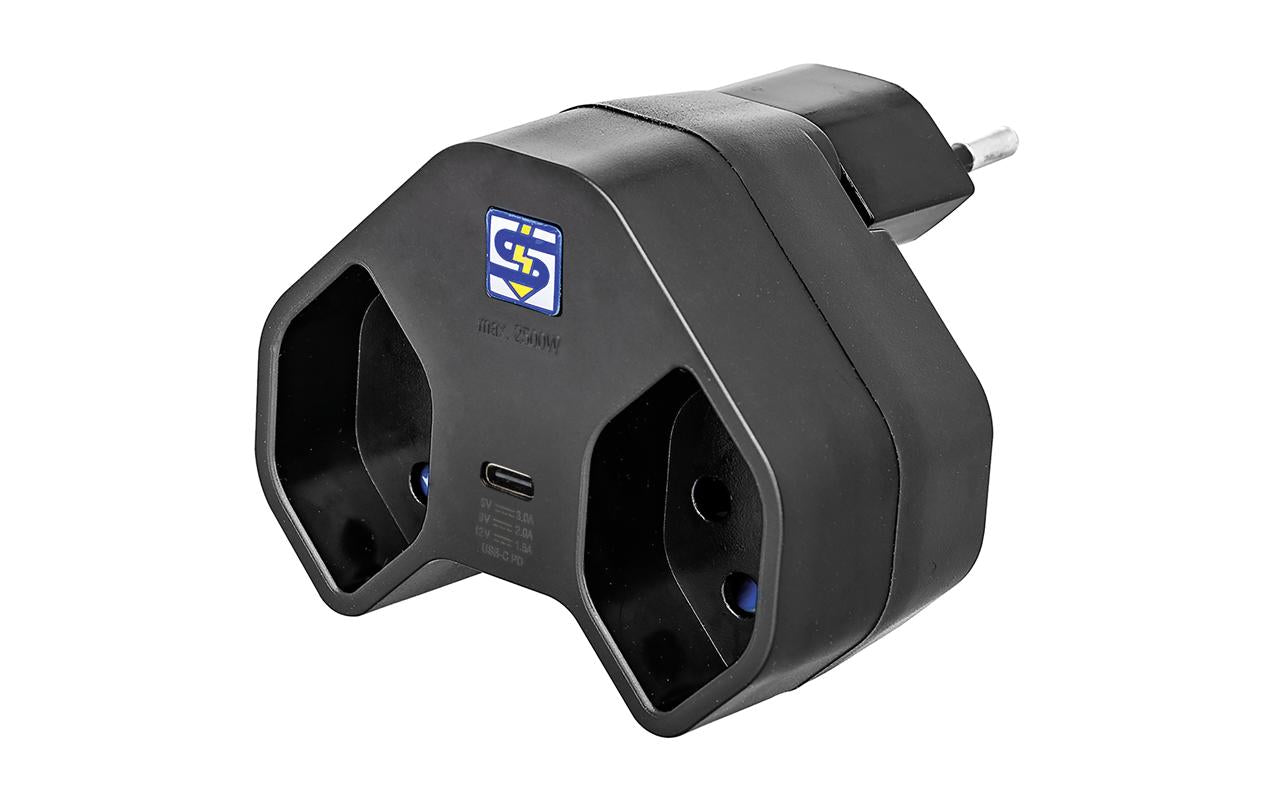 Steffen Manta Abzweigstecker 2xT13 USB C schwarz, sternförmig, drehbar, mit KS