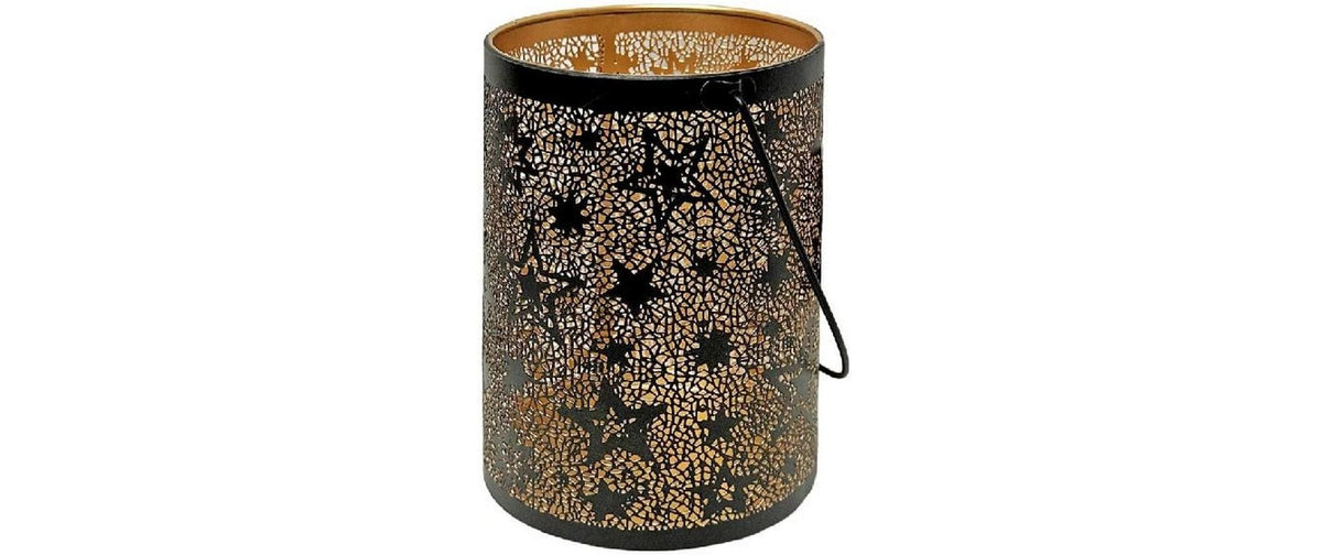 Dameco Windlicht Forest mit Sternen, Henkel Scharz-Gold, Metall, 15x13x19 cm