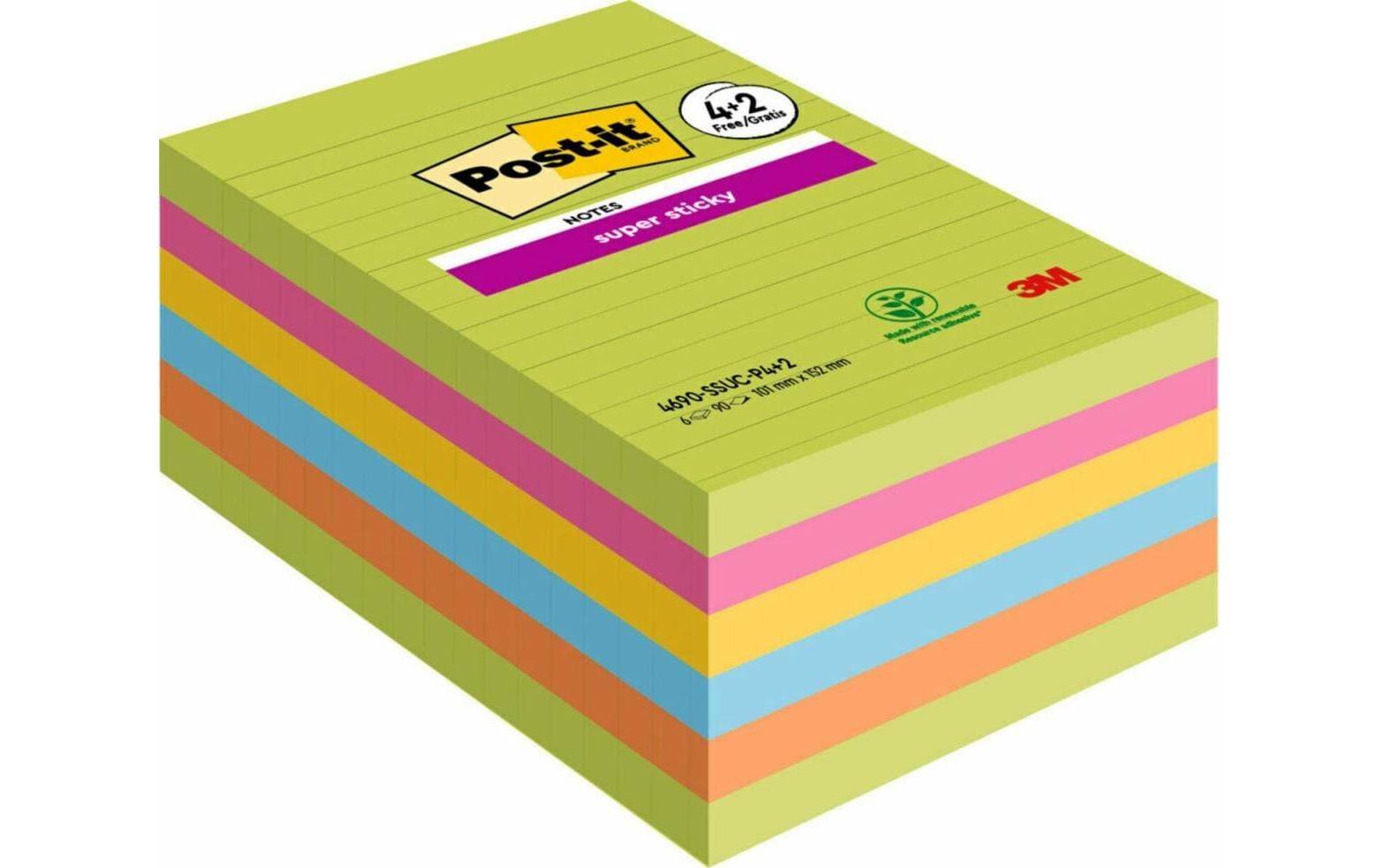 Post-it Haftnotizen Super Sticky liniert 101 x 152 mm, 6 Blöcke, farbig