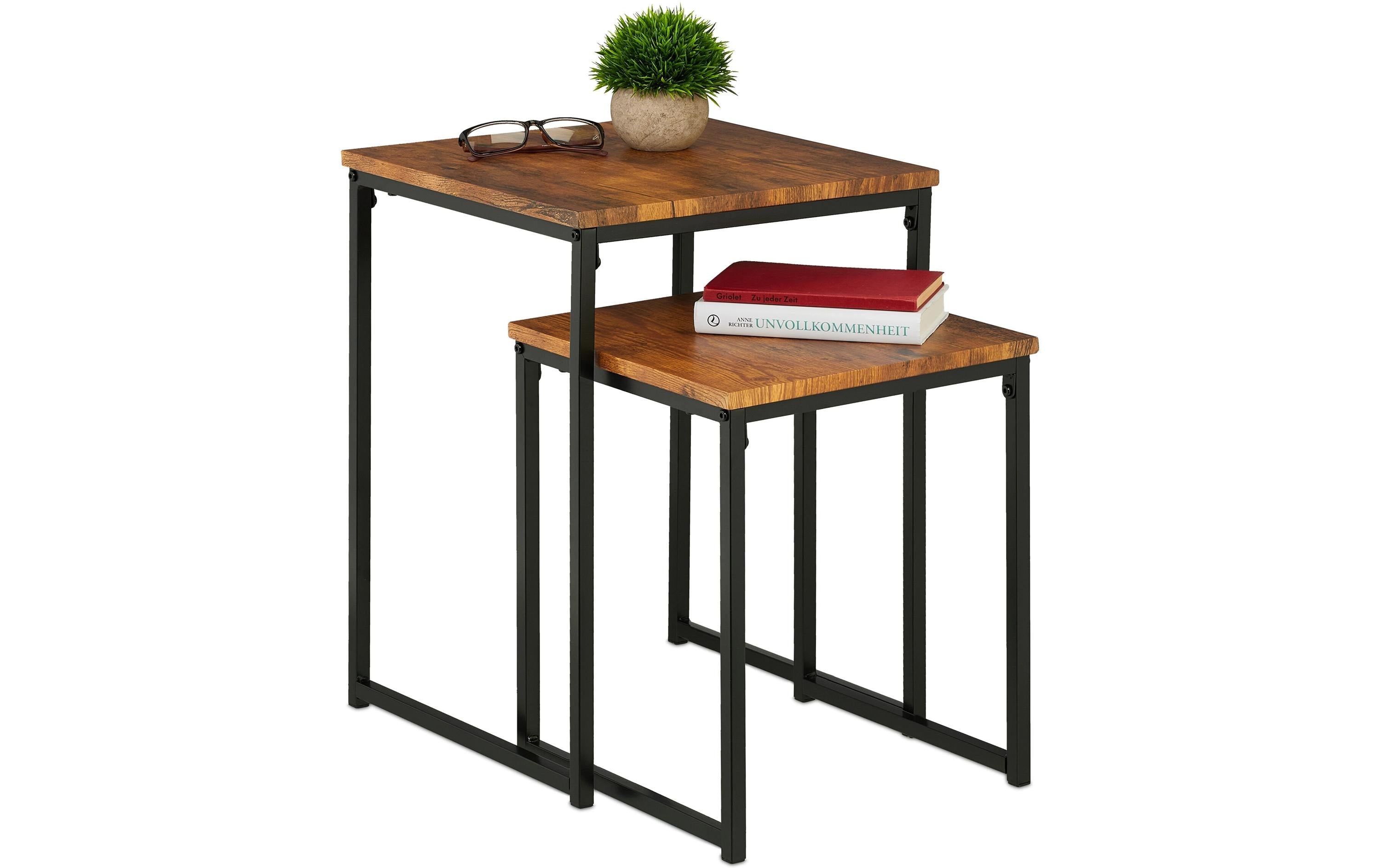 relaxdays Beistelltisch 2er Set MDF/Eisen, China, Dunkelbraun