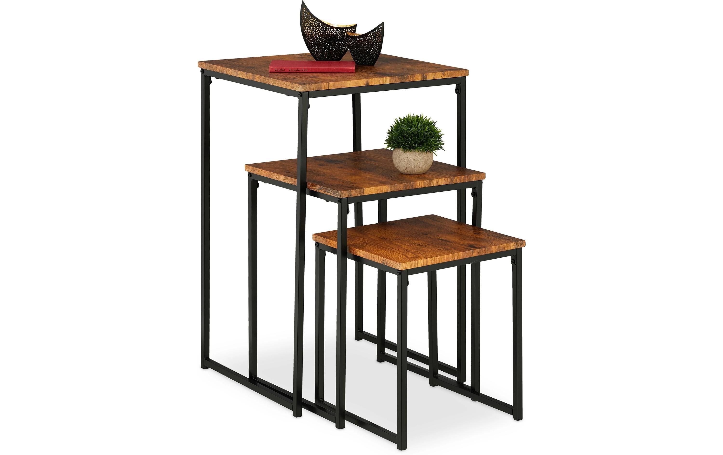 relaxdays Beistelltisch 3er Set MDF/Eisen, China, Dunkelbraun