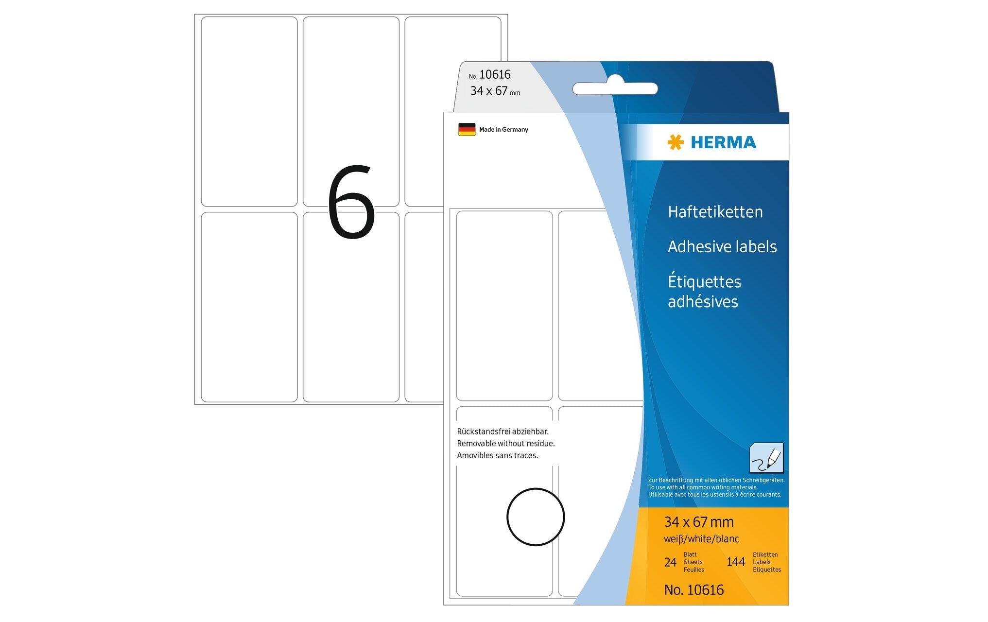 Herma Haftetiketten weiss, 144 Stk 34,0 x 67,0 mm, ablösbar