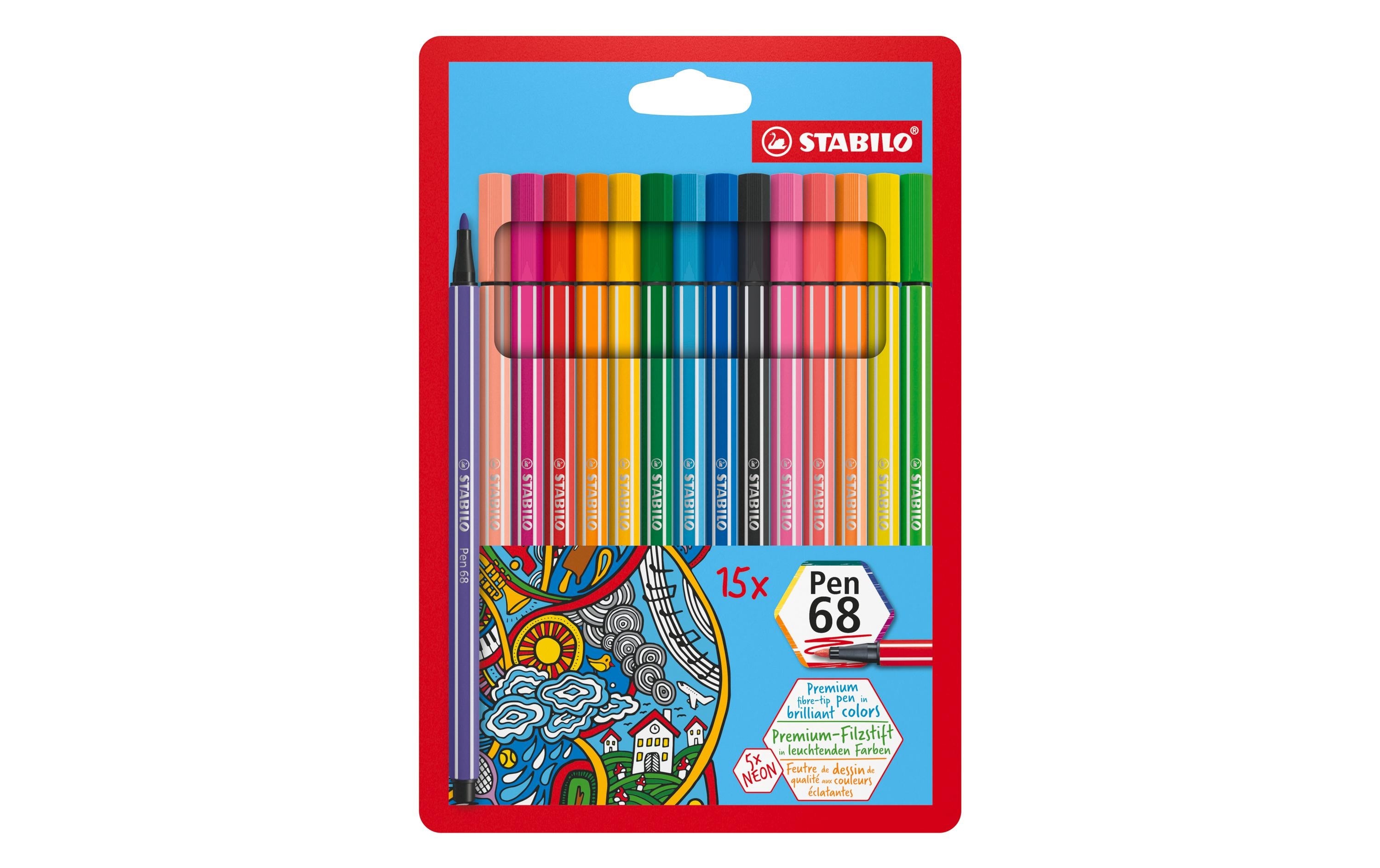 STABILO Pen 68 15er Etui verschiedene Farben, 5x Neon