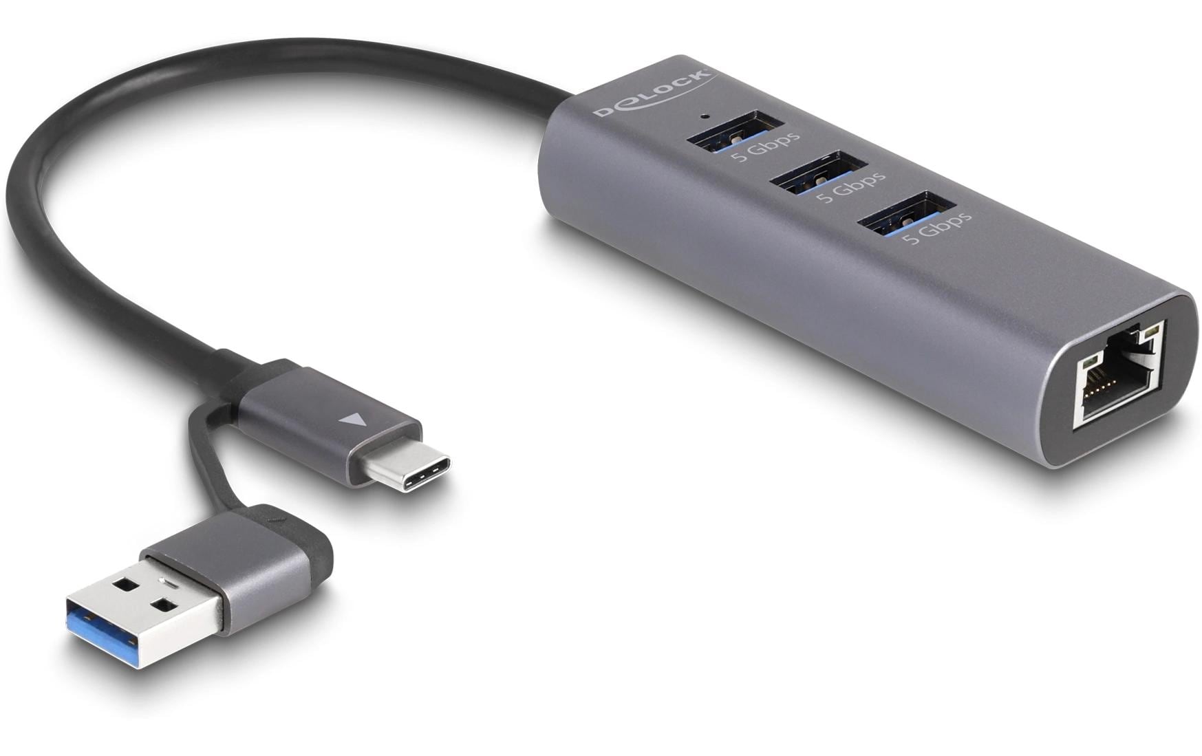 Delock 3 Port USB Hub + Gigabit LAN mit USB Typ-C oder Typ-A