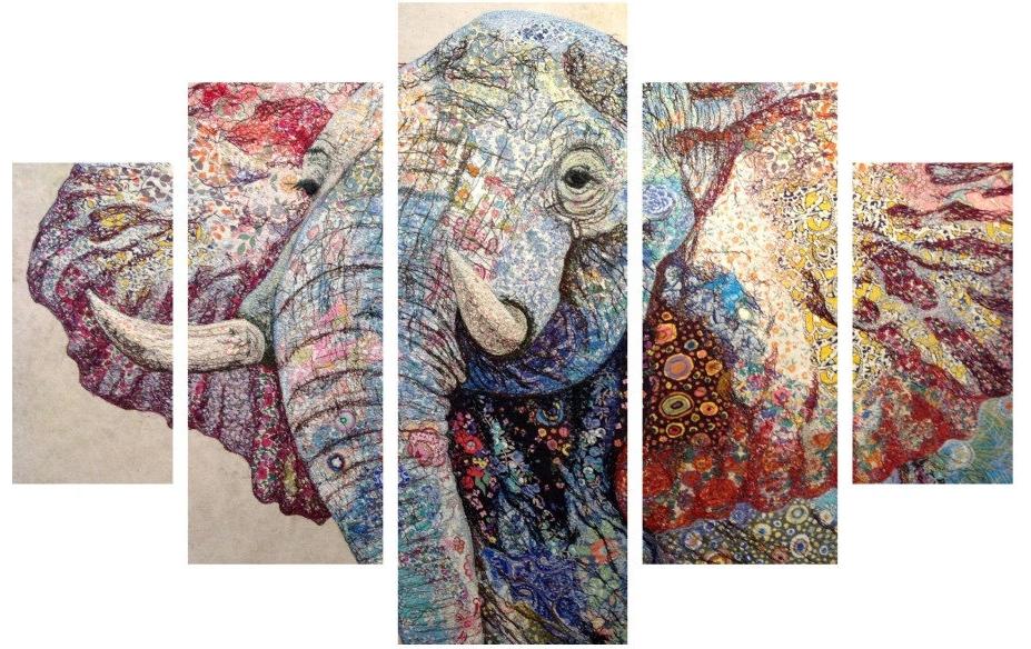 Wallxpert Bild Elefant 5-teilig MDF, Grösse Total: 92 x 56 cm