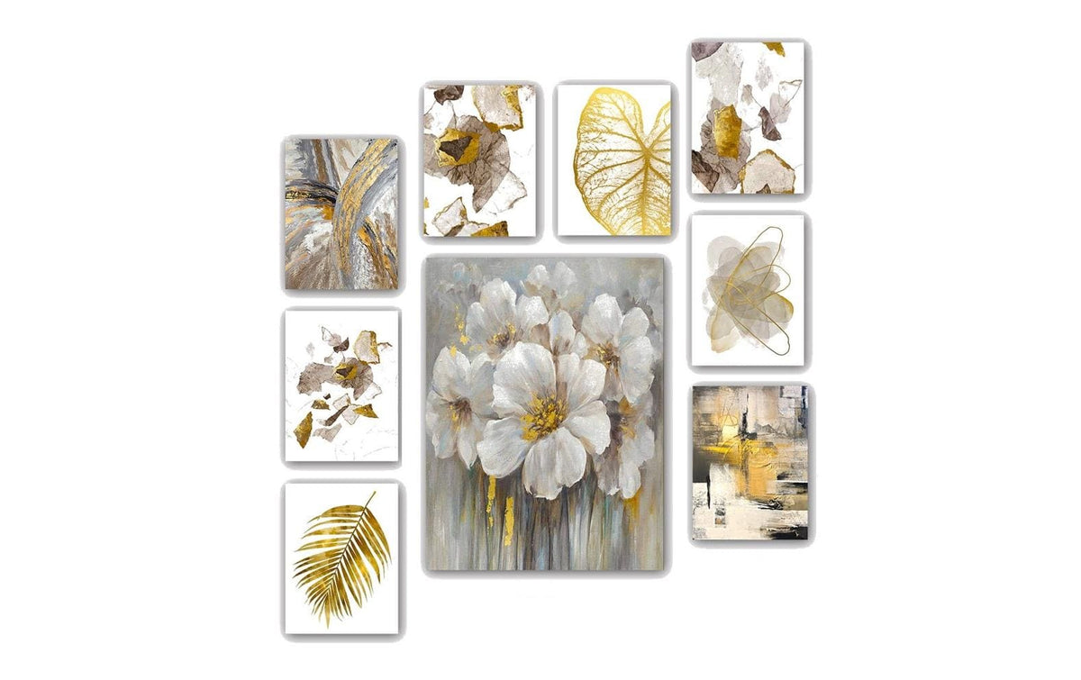 Wallxpert Bild Golden Flowers 9-teilig MDF, 8x 20x15cm, 1x 30x40 cm (9Pieces)